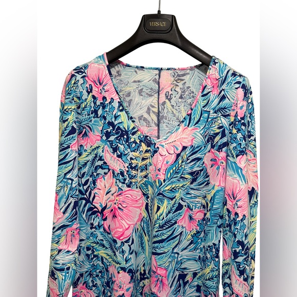 Lilly Pulitzer GUC Size M Classic Lilly Pink & Blue Long Sleeve Dress (0620) - Picture 4 of 12